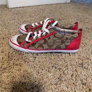 Coach Brown Signature Canvas Sneakers with Pink Trim